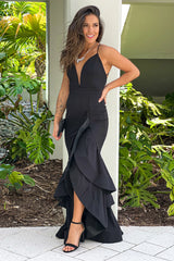 Black Layered Ruffle Train Maxi Dress