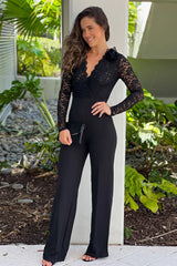 Black Lace Top Long Sleeves Jumpsuit