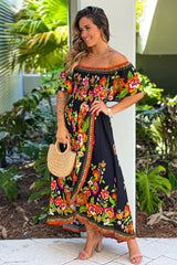 Black And Orange Printed Off Shoulder High Low Dress