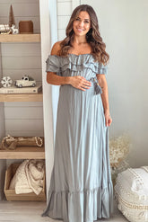 Sage Off Shoulder Waist Tie Maternity Maxi Dress