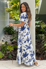Off White And Blue Floral Maxi Dress With Slit