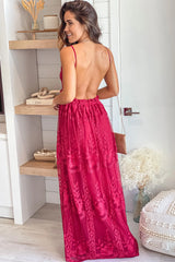 Burgundy Lace Maxi Dress With Crochet Top