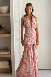 Pink Printed Deep Plunge Maxi Dress With Lace Trim