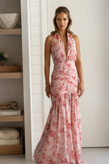 Pink Printed Deep Plunge Maxi Dress With Lace Trim