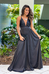 Black V Neck Sequin Top Maxi Dress