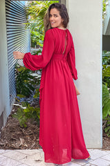 Burgundy Puff Sleeve Maxi Dress