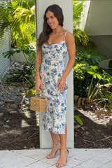 Ivory And Blue Floral Cowl Neck Midi Dress
