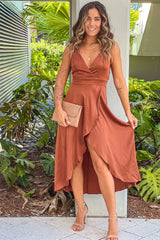 Brown Satin High Low Dress With Criss Cross Back