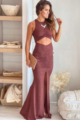 Chocolate Glitter Ruched Maxi Dress With Cut Out
