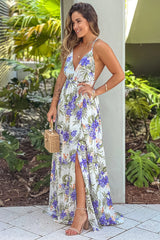 Purple Floral Halter Neck Maxi Dress With Slit