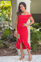 Red Off Shoulder Ruffled Midi Dress