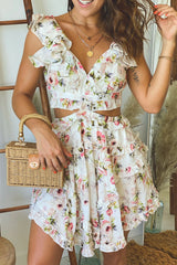 White Floral Ruffled Short Dress