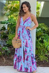 Blue Printed Maxi Dress With Button Details