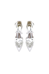 White Cross Strap Pump with Crystal Flower Accent
