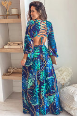 Navy Printed Maxi Dress With Cut Out
