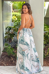 Light Blue Marble Print Halter Neck Maxi Dress With Slit