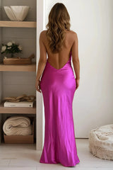 Magenta Cowl Front Open Back Satin Dress
