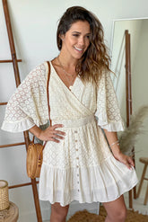 Natural Lace Short Dress With Sleeves