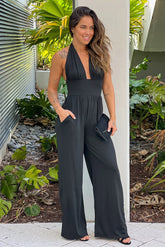 Black Halter Neck Jumpsuit With Pockets