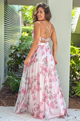 Pink Mesh Floral V Neck Maxi Dress