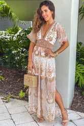 White Multi Color Lace Maxi Dress