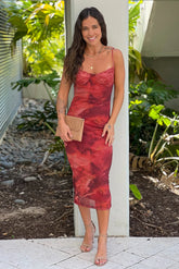 Red Lace Bust Mesh Midi Dress