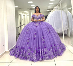Ball Gown Lace Off the Shoulder Lavender Quinceanera Dress