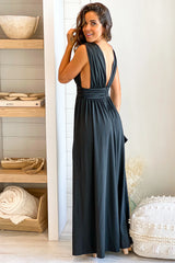 Black Sleeveless V Neck Maxi Dress With Slit