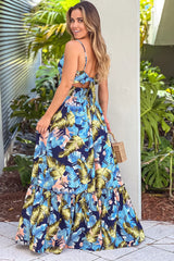 Navy Floral Maxi Dress With Tie Back