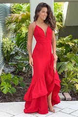 Red Layered Ruffle Train Maxi Dress