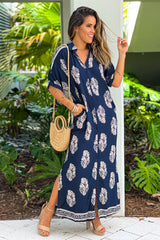 Navy Printed Button Down Maxi Dress