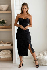 Black Floral Jacquard Knit Tube Midi Dress