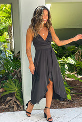 Black Satin High Low Dress With Criss Cross Back