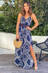 Navy Printed Maxi Dress With Crochet Waist