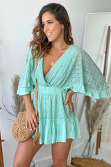 Mint Lace Romper With Bell Sleeves