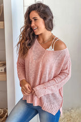 Light Pink V Neck Knit Top With Long Sleeves