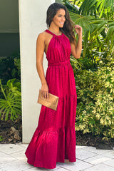 Burgundy Animal Print Satin Maxi Dress With Open Back