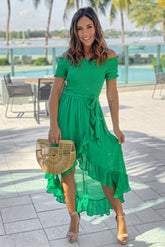 Green Off Shoulder High Low Dress