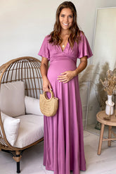 Mauve V Neck Maternity Maxi Dress