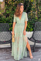 Sage Lace Maxi Romper with Sleeves and Slits
