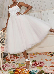 A Line Sweetheart Sleeveless Tulle Tea Length Wedding Dresses With Pleated