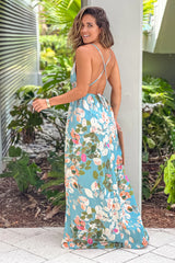 Mint Floral Halter Neck Maxi Dress With Slit