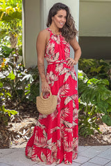 Red Printed Halter Neck Maxi Dress
