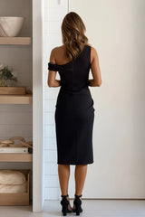 Black Drape One Shoulder Tulip Midi Dress