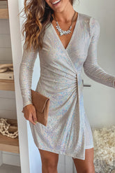 Silver Shine Short Dress With Long Sleeves