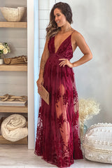 Wine Floral Tulle Maxi Dress