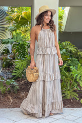 Taupe Printed Halter Neck Maxi Dress