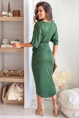 Hunter Green Asymmetrical Ruched Dress