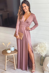 Blush V Neck Maxi Dress With Long Sleeve And Slit