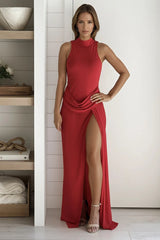 Red Jersey Draped Waist Maxi Dress